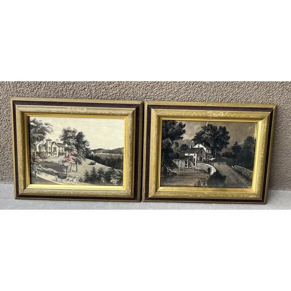 Currier & Ives Vintage Etched Gold Foil Art Prints Set of 2 Wall Pictures - Picture 1 of 16